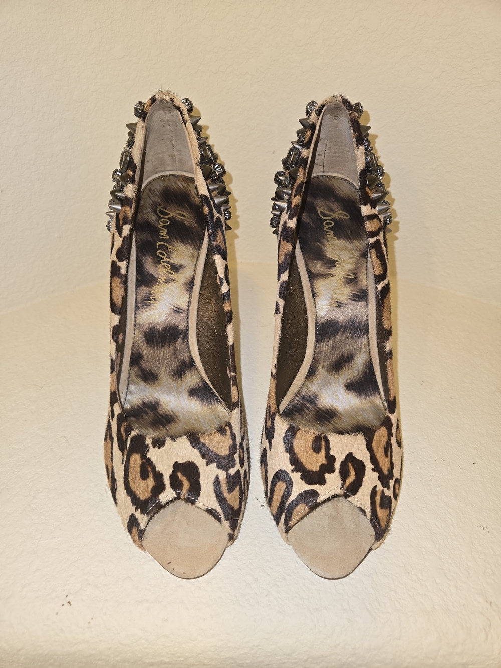 Sam Edelman Leopard-Print Hair Studded Peep-Toe Heels - Tan/Black